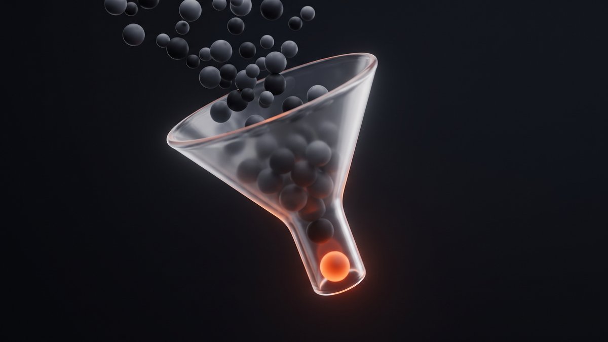 Dunkle 3D-Grafik eines Trichters, aus vielen Kontakten wird ein glühend orangefarbener Lead