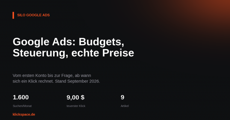 Google Ads: Budgets, Steuerung und die Fehler, die Geld kosten – Beitragsbild des Klickspace-Ratgebers