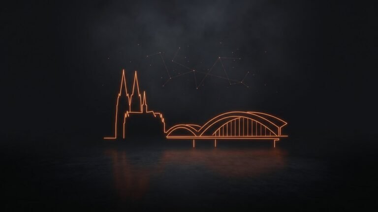 Koelner Dom und Hohenzollernbruecke als leuchtende Linien-Grafik mit Datenpunkten