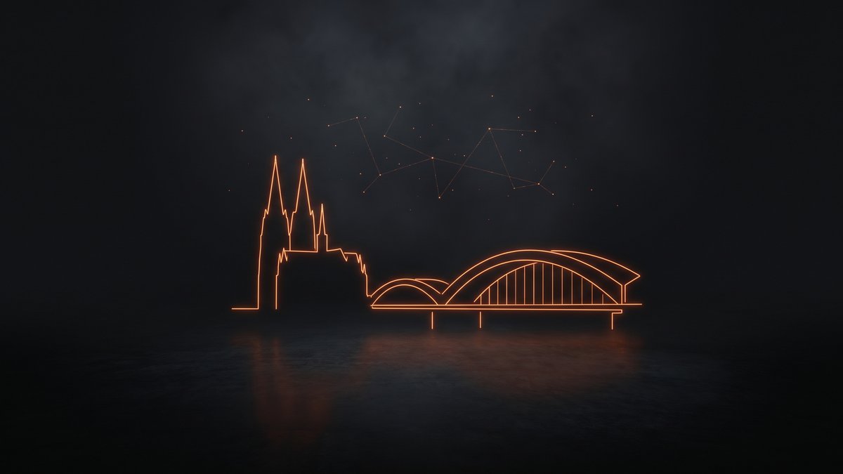 Koelner Dom und Hohenzollernbruecke als leuchtende Linien-Grafik mit Datenpunkten